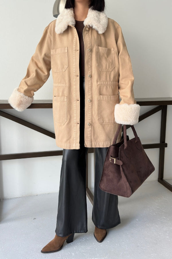 Kol ve Yakası Kürk Detaylı Orta Boy Kot Ceket - Camel - (S+L+4) - 5