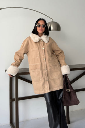 Kol ve Yakası Kürk Detaylı Orta Boy Kot Ceket - Camel - (S+L+4) - 6