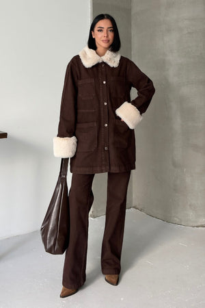 Kol ve Yakası Kürk Detaylı Orta Boy Kot Ceket - Kahverengi - (S+L+4) - 4