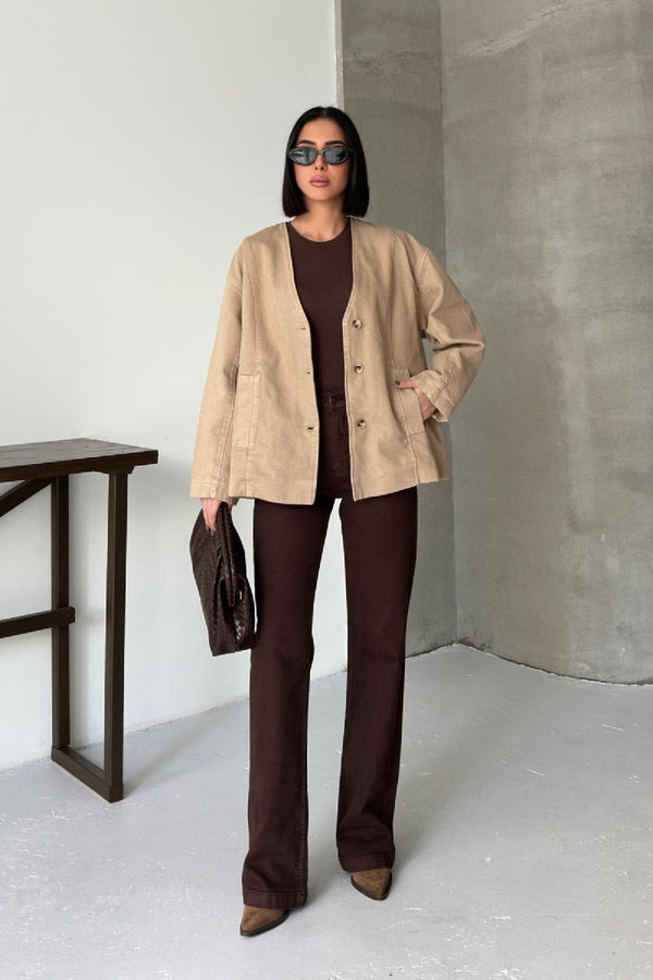 Astarlı Oversize Kot Ceket Camel