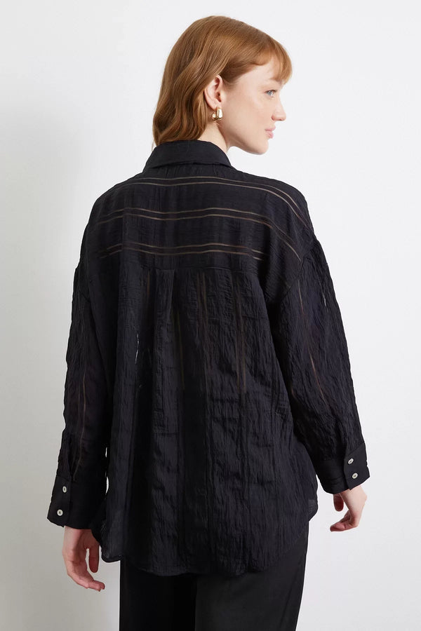 Organze Çizgili Gömlek - Siyah