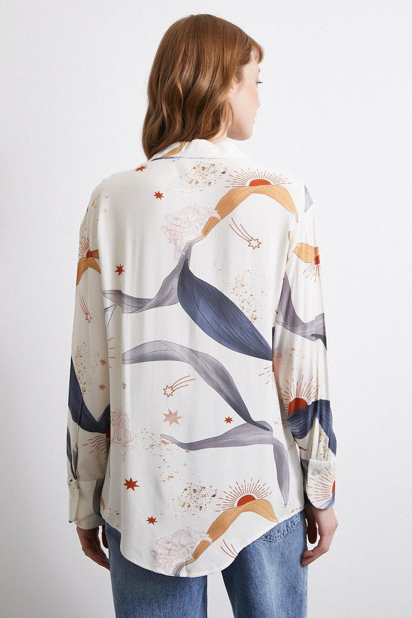 V Yakalı Desenli Gömlek - Ekru