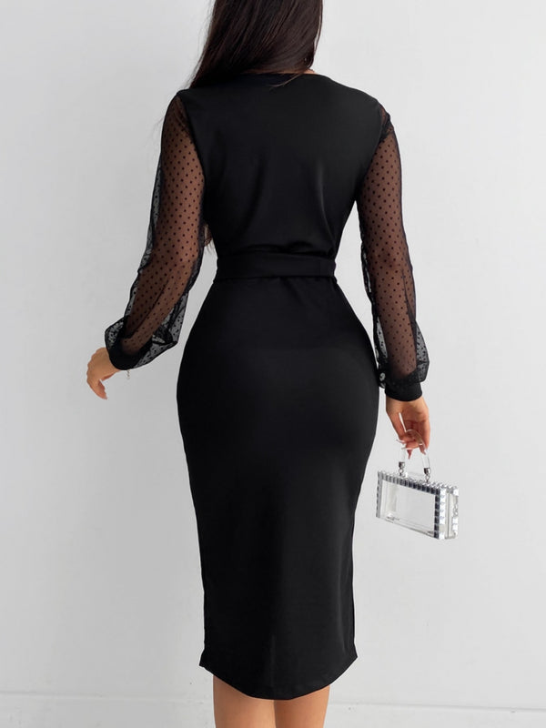 Rochie midi din crep pentru femei, cu mânecă lungă, decolteu în V, mâneci cu buline și talie cu curea, 30640