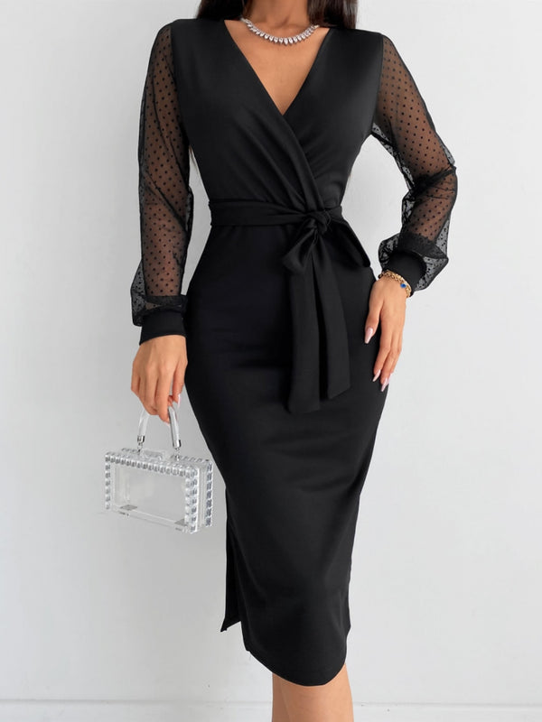 Rochie midi din crep pentru femei, cu mânecă lungă, decolteu în V, mâneci cu buline și talie cu curea, 30640