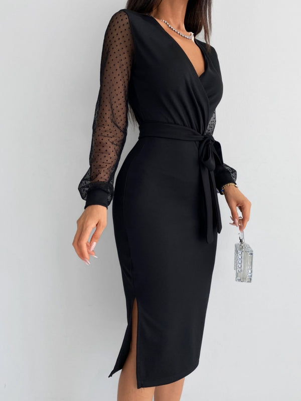 Rochie midi din crep pentru femei, cu mânecă lungă, decolteu în V, mâneci cu buline și talie cu curea, 30640