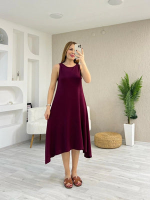 Rochie de damă din viscoză, cu guler rotund și bretele, cu detalii asimetrice, 24793