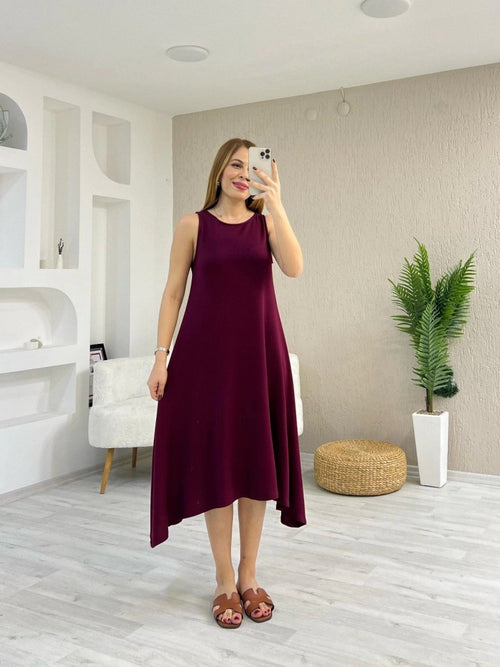 Rochie de damă din viscoză, cu guler rotund și bretele, cu detalii asimetrice, 24793