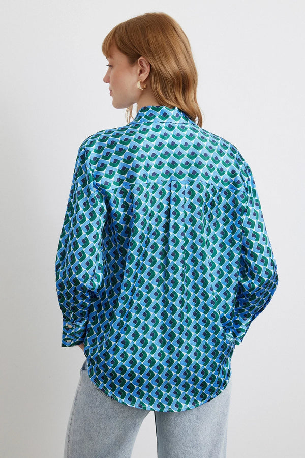 Geometrik Desenli Saten Gömlek - Mavi