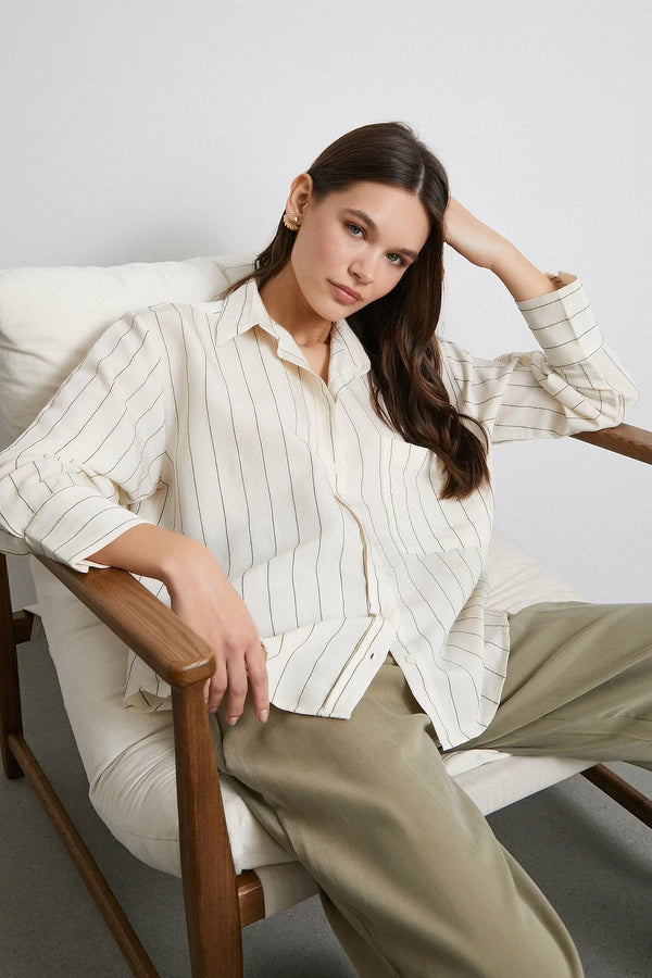 Kontrast Çizgili Modal Gömlek - Haki