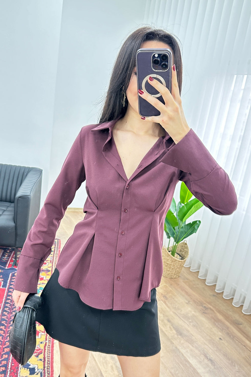 Belden Tam Oturtmalı Gipeli Mevsimlik Mürdüm Toptan Gömlek Mürdüm S