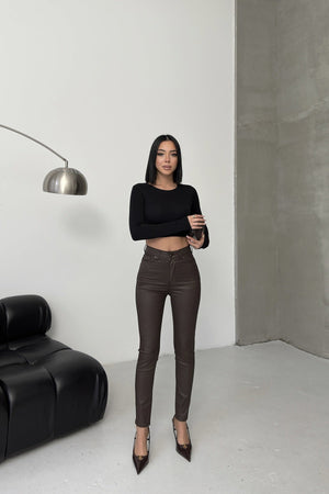 Yüksek Bel Deri Pantolon 415 - Kahverengi - (27-32) - 6