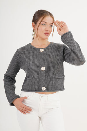 Mücevher Düğmeli Toptan Antrasit Hırka