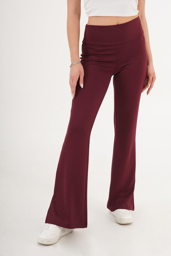 Yüksek Bel Bilek Yırtmaçlı Esnek Bordo Pantolon Bordo S
