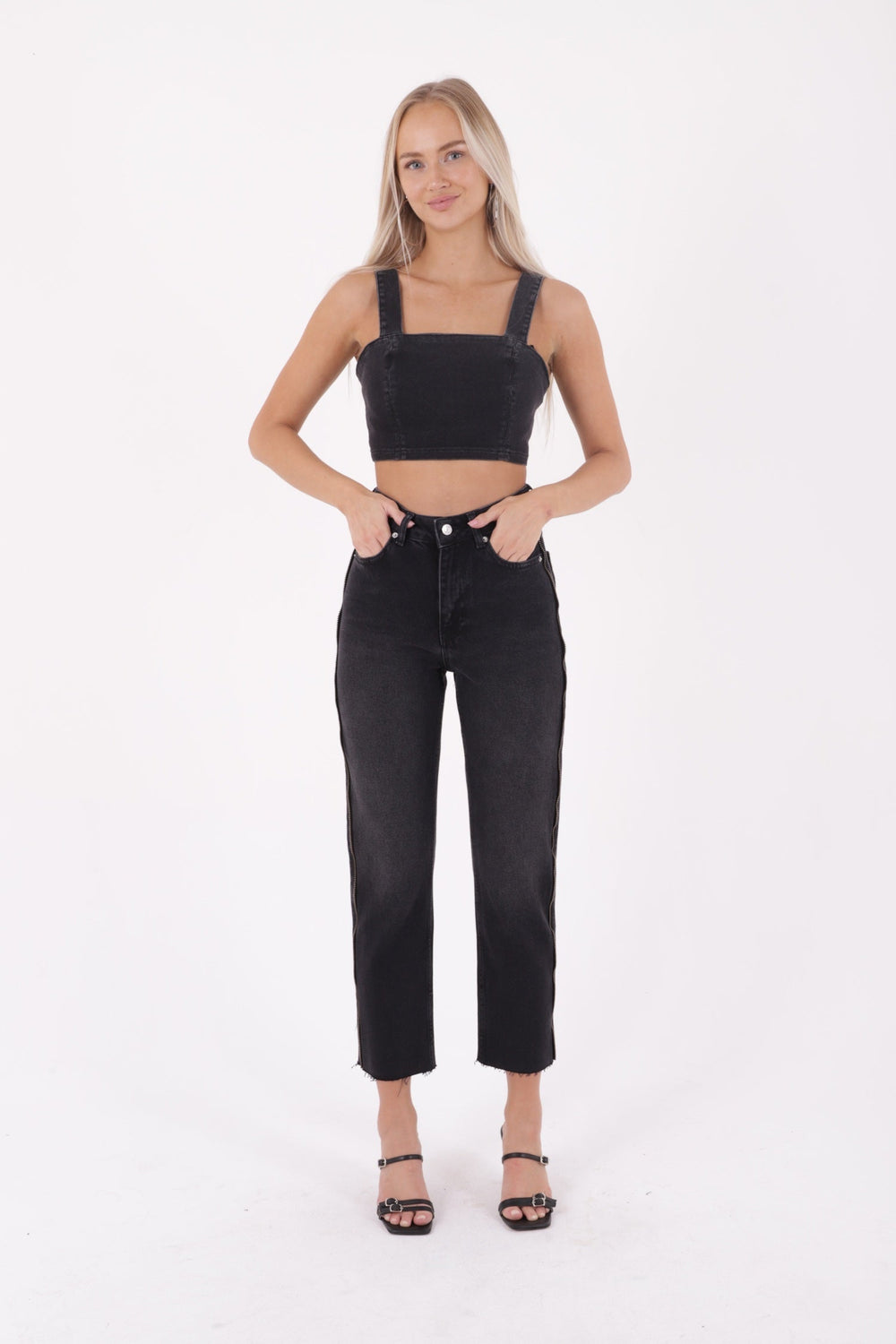 Şerit Fermuarlı Kot Pantolon Antrasit Kot