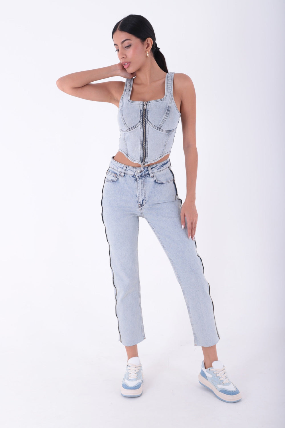 Şerit Fermuarlı Kot Pantolon Antrasit Kot