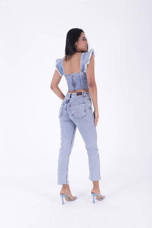 Taşlı Mom Fit Kot Pantolon - Kar Yıkama Açık Mavi - (28-33) - 4