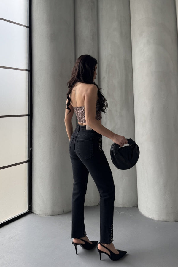 Taşlı Mom Fit Kot Pantolon - Düz Antrasit - (26-31) - 2