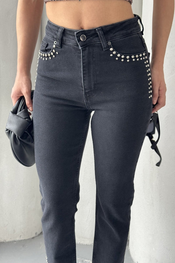 Taşlı Mom Fit Kot Pantolon - Düz Antrasit - (26-31) - 5
