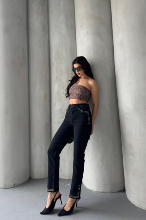 Taşlı Mom Fit Kot Pantolon Düz Antrasit