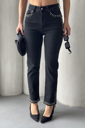 Taşlı Mom Fit Kot Pantolon - Düz Antrasit - (28-33) - 4