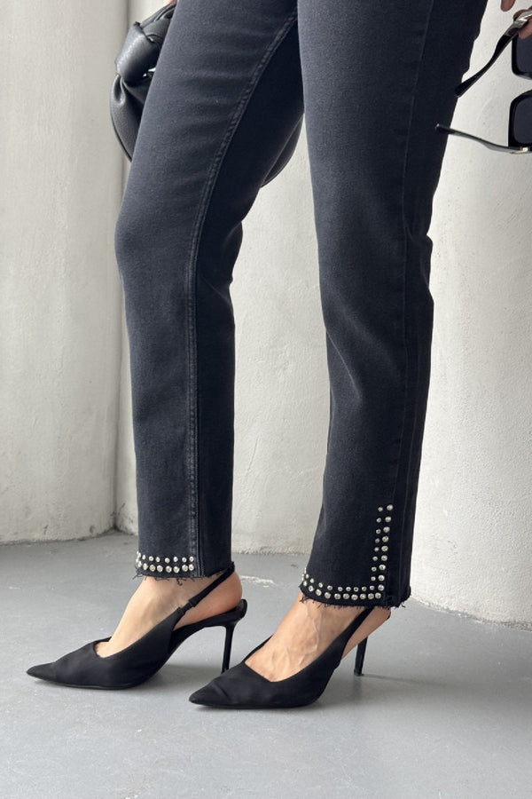 Taşlı Mom Fit Kot Pantolon - Düz Antrasit - (28-33) - 6