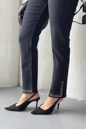 Taşlı Mom Fit Kot Pantolon - Düz Antrasit - (28-33) - 6