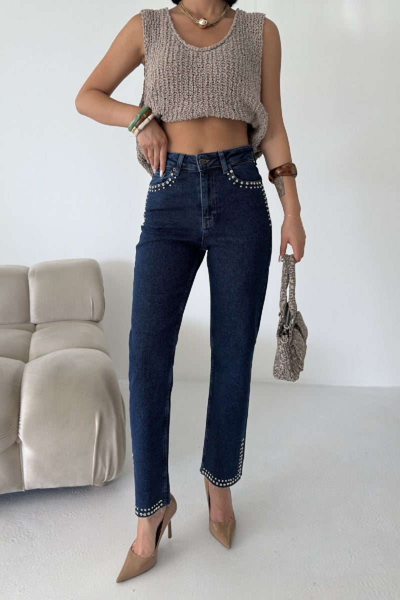 Taşlı Mom Fit Kot Pantolon Düz Koyu Rins