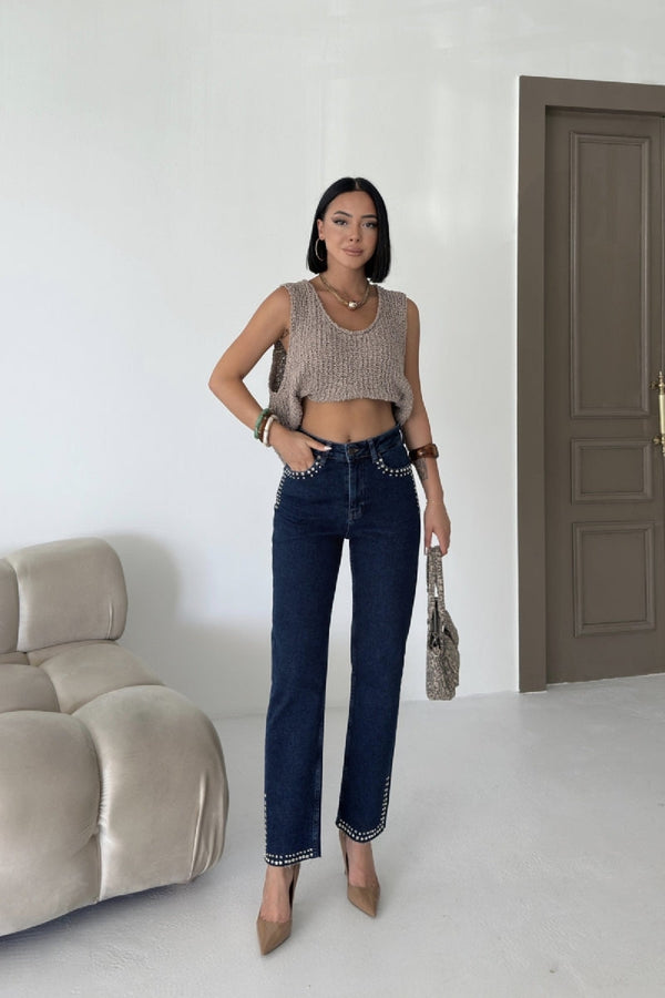 Taşlı Mom Fit Kot Pantolon - Düz Koyu Rins - (26-31) - 3