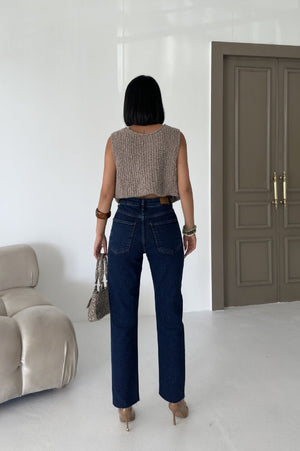 Taşlı Mom Fit Kot Pantolon - Düz Koyu Rins - (26-31) - 4