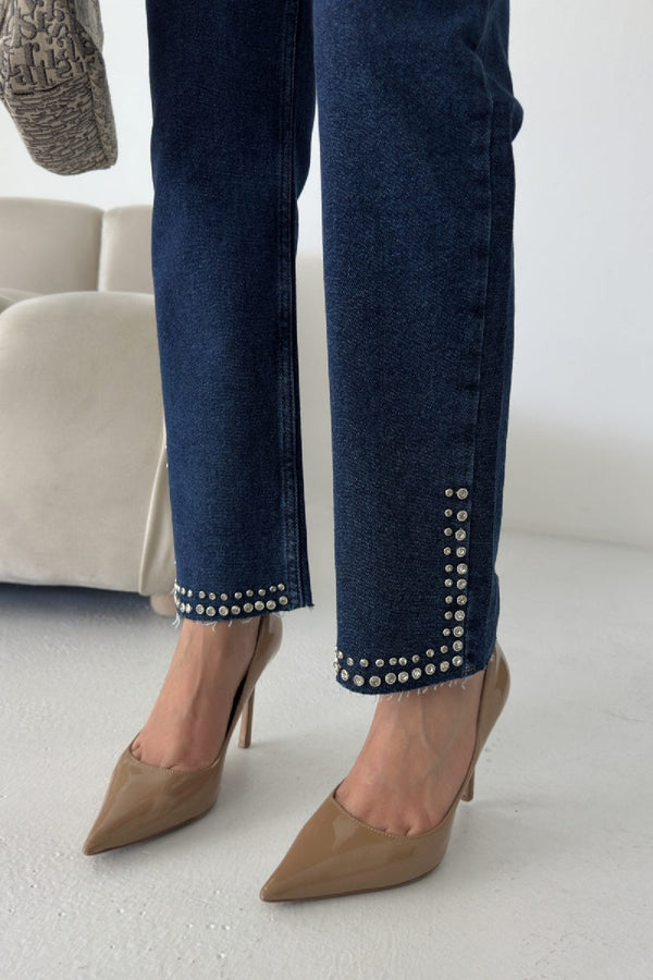 Taşlı Mom Fit Kot Pantolon - Düz Koyu Rins - (26-31) - 6