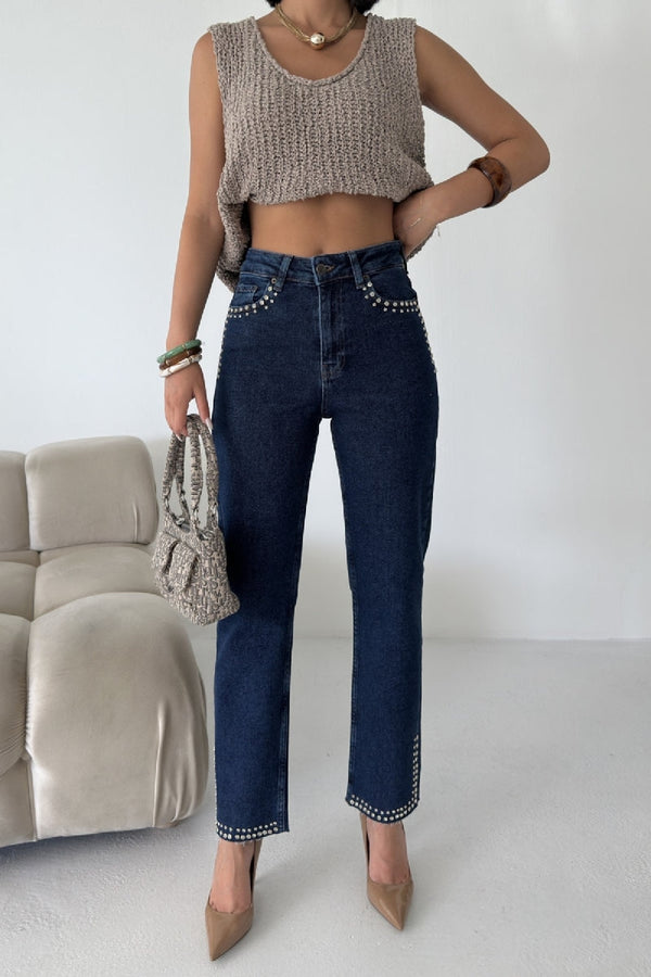 Taşlı Mom Fit Kot Pantolon Düz Koyu Rins