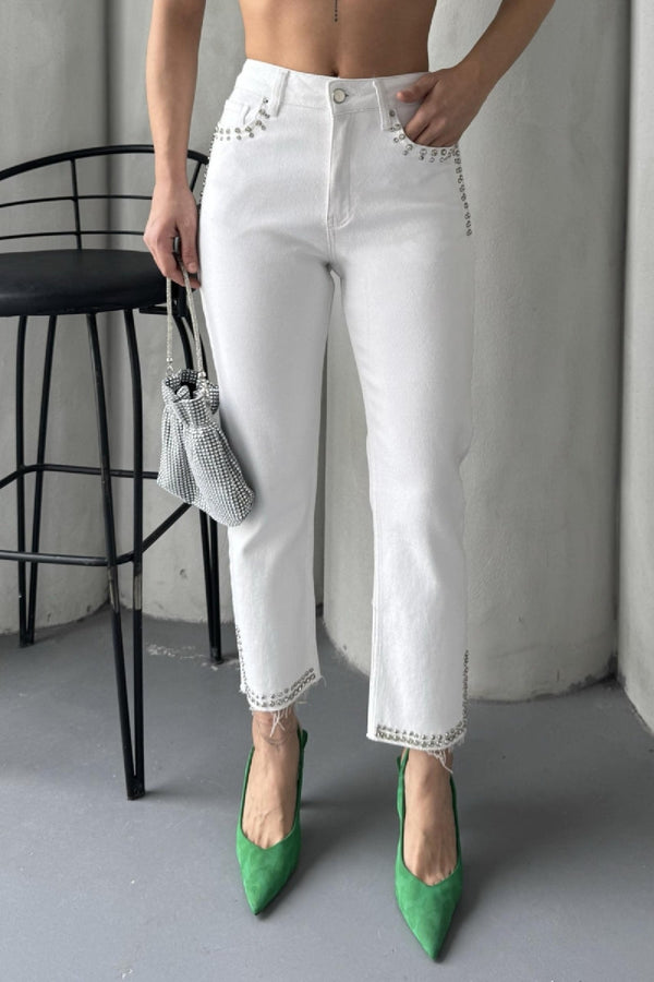 Taşlı Mom Fit Kot Pantolon - Beyaz - (26-31) - 4