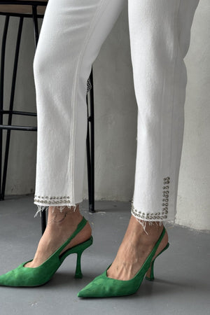 Taşlı Mom Fit Kot Pantolon - Beyaz - (26-31) - 5