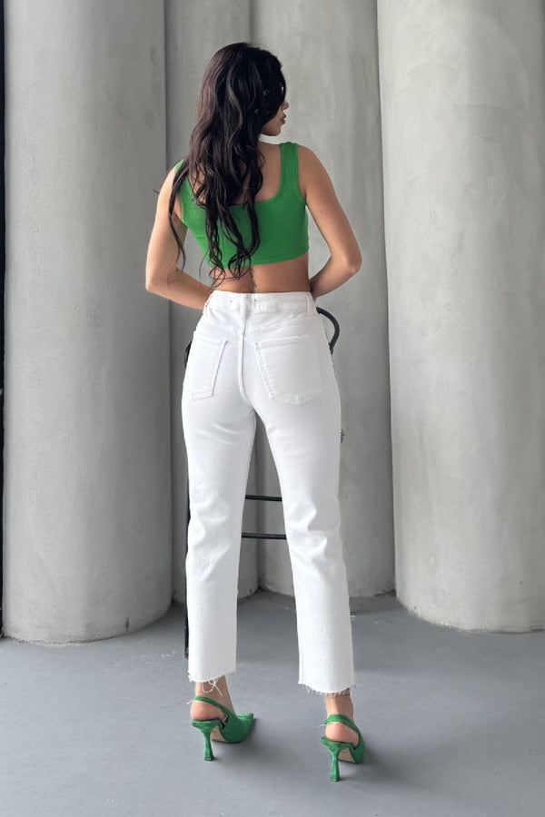 Taşlı Mom Fit Kot Pantolon - Beyaz - (28-33) - 3