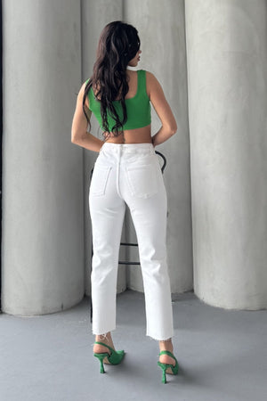 Taşlı Mom Fit Kot Pantolon - Beyaz - (28-33) - 3