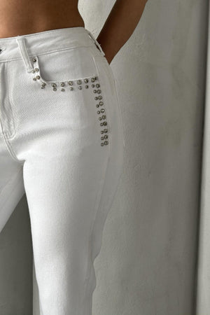 Taşlı Mom Fit Kot Pantolon - Beyaz - (28-33) - 6