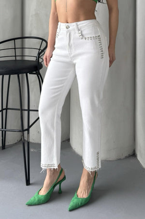 Taşlı Mom Fit Kot Pantolon Beyaz