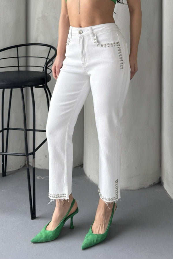 Taşlı Mom Fit Kot Pantolon Beyaz