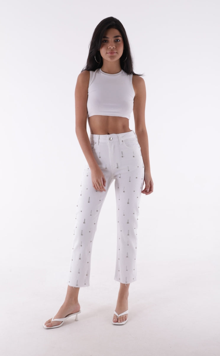 Tek Taraflı Droplı Mom Fit Kot Pantolon Beyaz