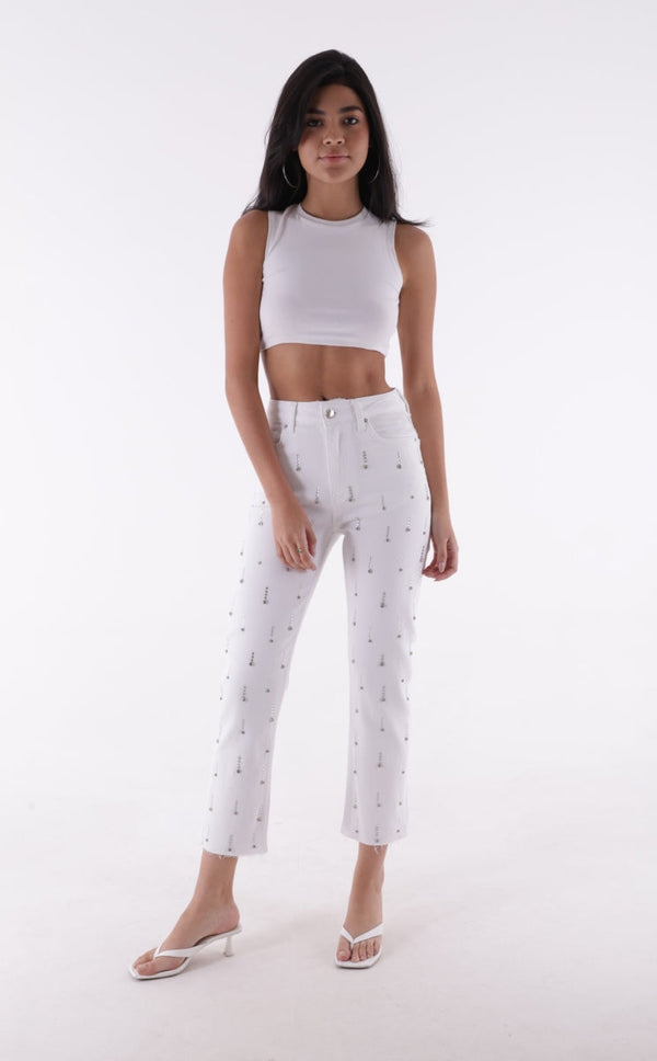 Tek Taraflı Droplı Mom Fit Kot Pantolon Beyaz