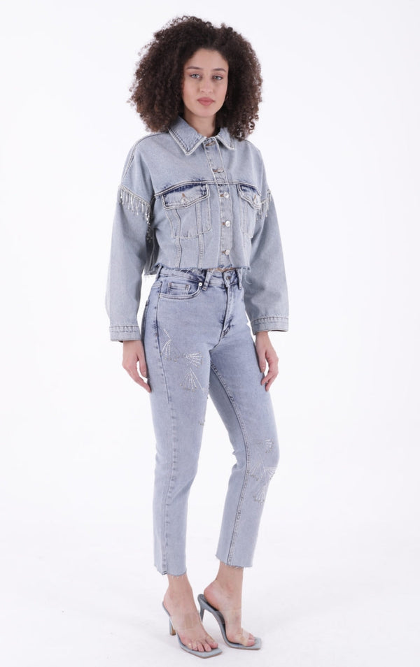 Çapraz Taşlı Mom Fit Kot Pantolon - Kar Yıkama Açık Mavi - (26-31) - 4