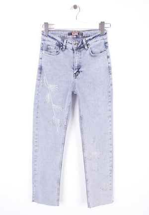 Çapraz Taşlı Mom Fit Kot Pantolon - Kar Yıkama Açık Mavi - (26-31) - 6
