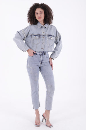 Çapraz Taşlı Mom Fit Kot Pantolon Kar Yıkama Açık Mavi