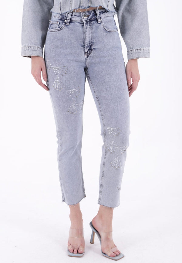 Çapraz Taşlı Mom Fit Kot Pantolon - Kar Yıkama Açık Mavi - (28-33) - 2