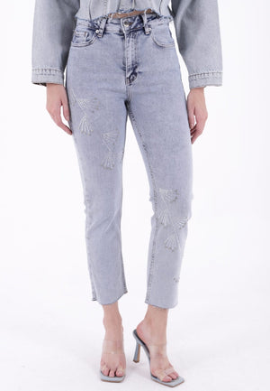 Çapraz Taşlı Mom Fit Kot Pantolon - Kar Yıkama Açık Mavi - (28-33) - 2