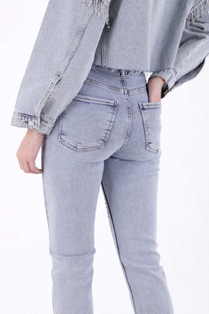 Çapraz Taşlı Mom Fit Kot Pantolon - Kar Yıkama Açık Mavi - (28-33) - 3