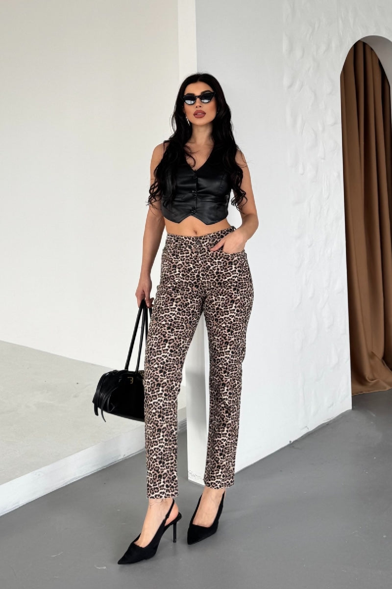 Mom Fit Kot Pantolon Leopar Baskı