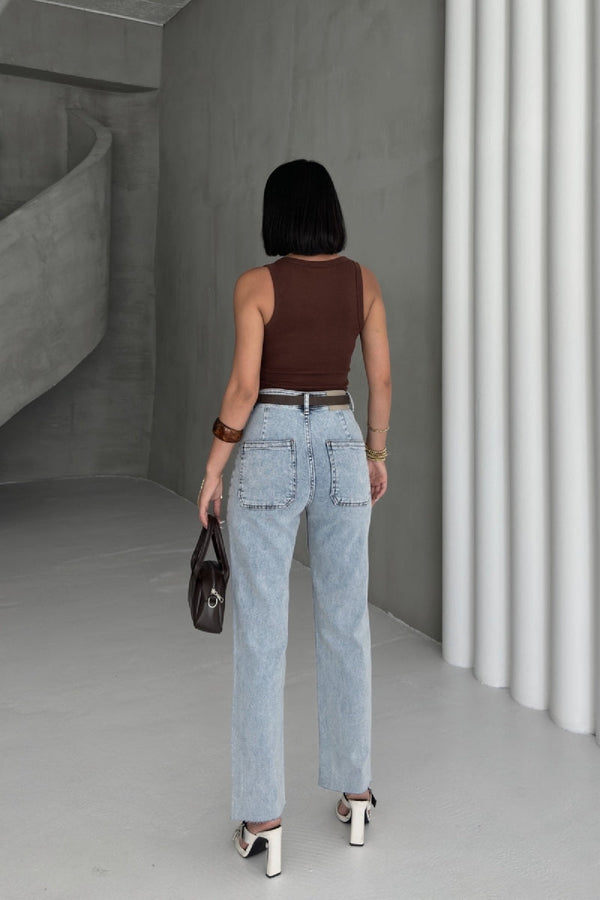 Cep Detaylı Palazzo Kot Pantolon - Kar Yıkama Açık Mavi - (27-32) - 4