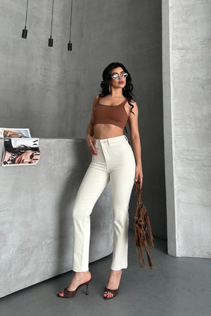 Cep Detaylı Palazzo Kot Pantolon - Naturel - (27-32) - 2