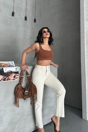 Cep Detaylı Palazzo Kot Pantolon - Naturel - (27-32) - 4